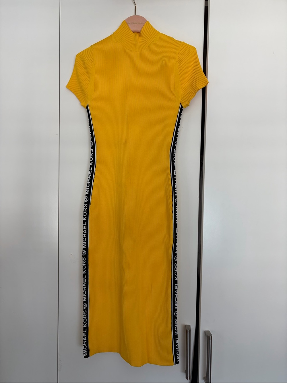 Michael Kors Yellow Ribbed Midi Dress with Branded Side Panels